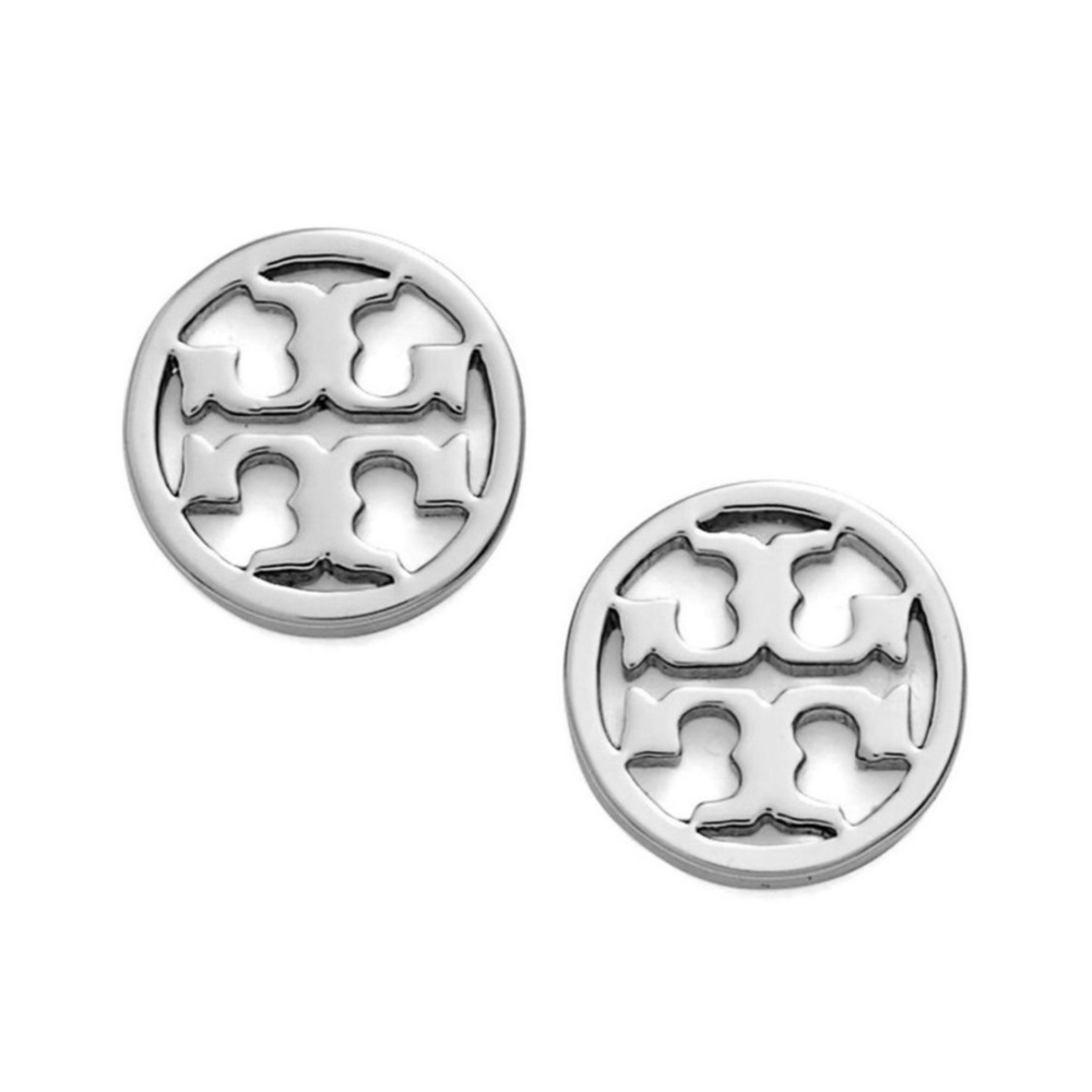 TORY BURCH SILVER CIRCLE LOGO EARRINGS